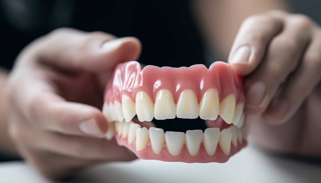 A person presents a natural tooth next to a prosthetic one, highlighting toothache relief and infection management options.