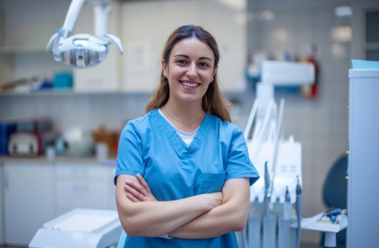 A cheerful female dentist in her office, prepared to provide prompt care for dental emergencies.